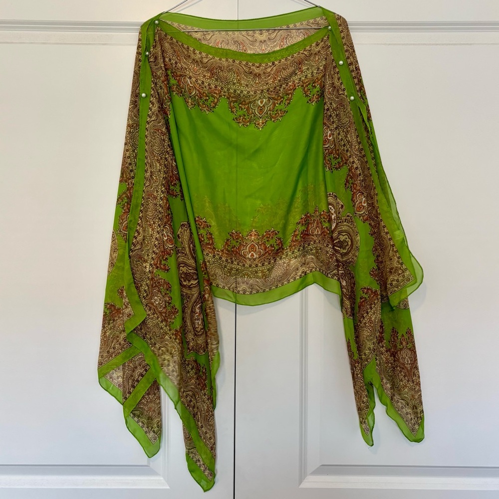 Silk Green Paisley Bolly/Boho Scarf Shawl or Cape Kimono with Pearl Buttons